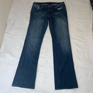 VTG Luxirie Dark Wash Red Embroidery Low Rise Y2K Bootcut Whiskered 11/30 Jeans